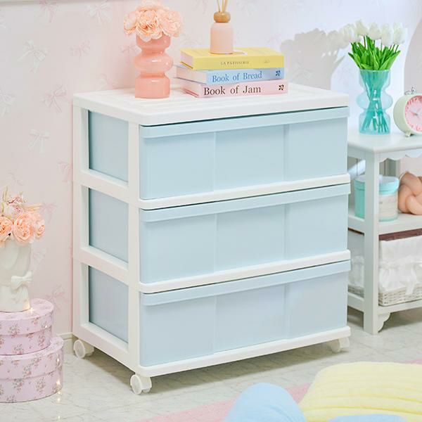 ワイド収納ケース3段(ブルー×ホワイト)