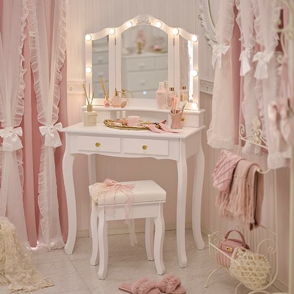 キラキラ取っ手のリボン三面鏡スリムドレッサー(ライト付き)サムネイル画像