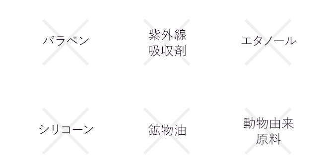 パラベン、紫外線吸収剤、エタノール、シリコーン、鉱物油、動物由来原料