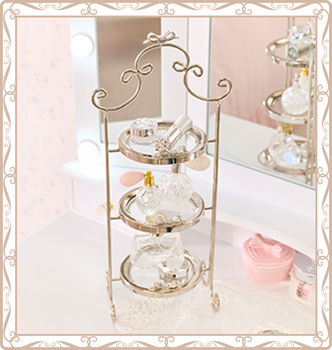 キラキラ取っ手のリボン三面鏡スリムドレッサー