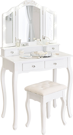 キラキラ取っ手のリボン三面鏡スリムドレッサー(ライト付き)